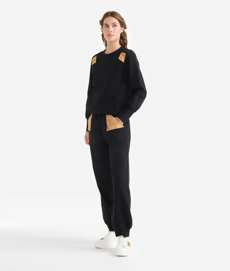 Girocollo con tasca in felpa garzata stretch Nero