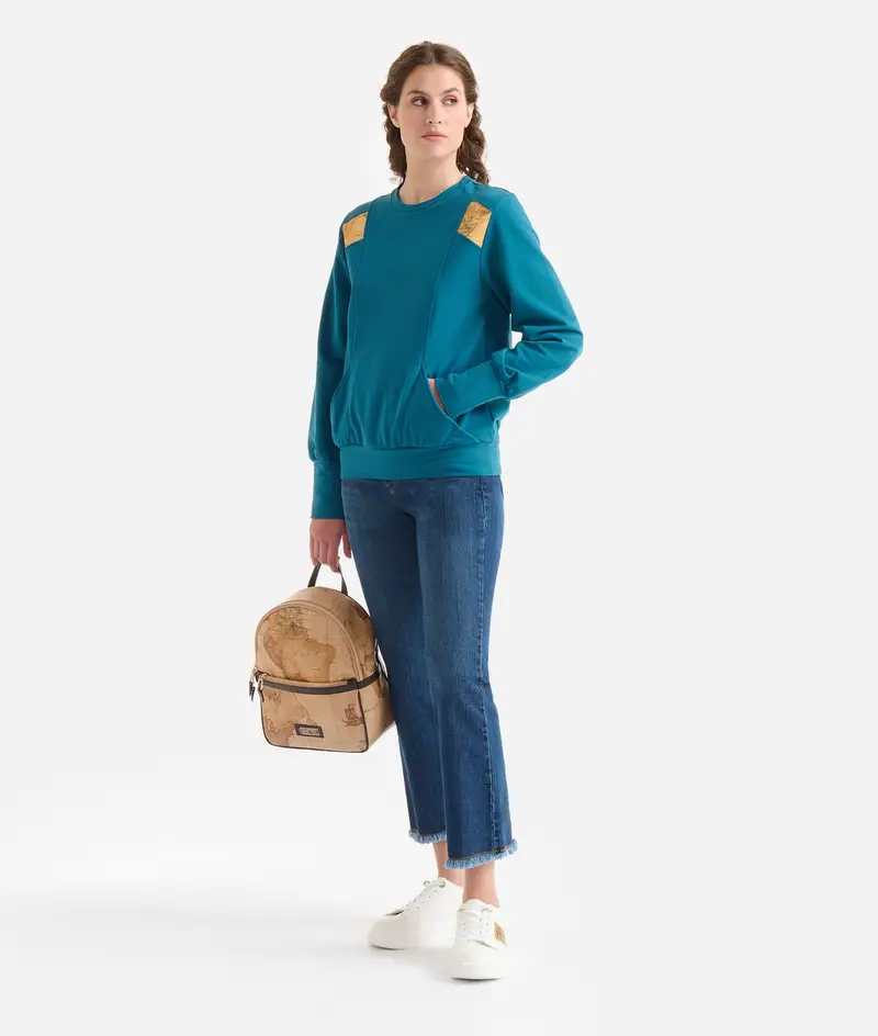 Girocollo con tasca in felpa garzata stretch Pavone