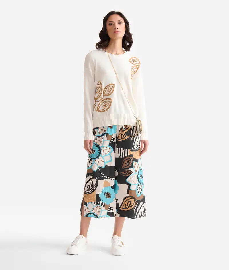 Girocollo in filato di cotone con ricami Geo Classic Naturale