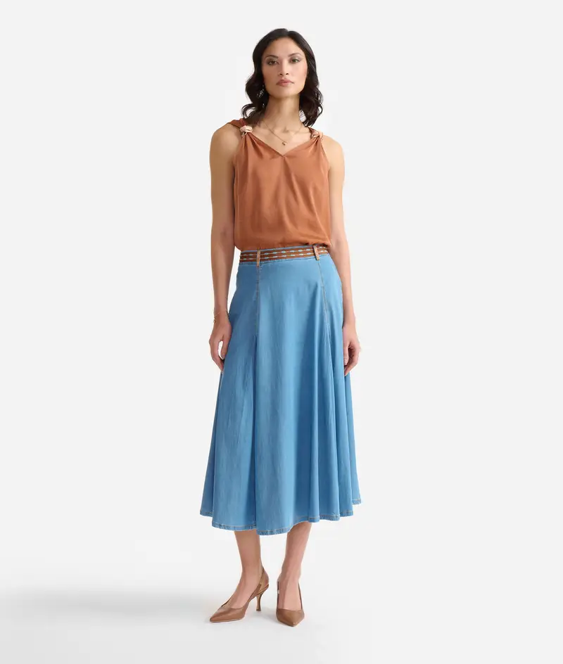 Gonna con baschina in denim leggero Blu Bleach