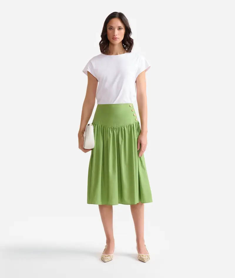 Gonna con baschina in popeline di cotone croccante Verde Prato