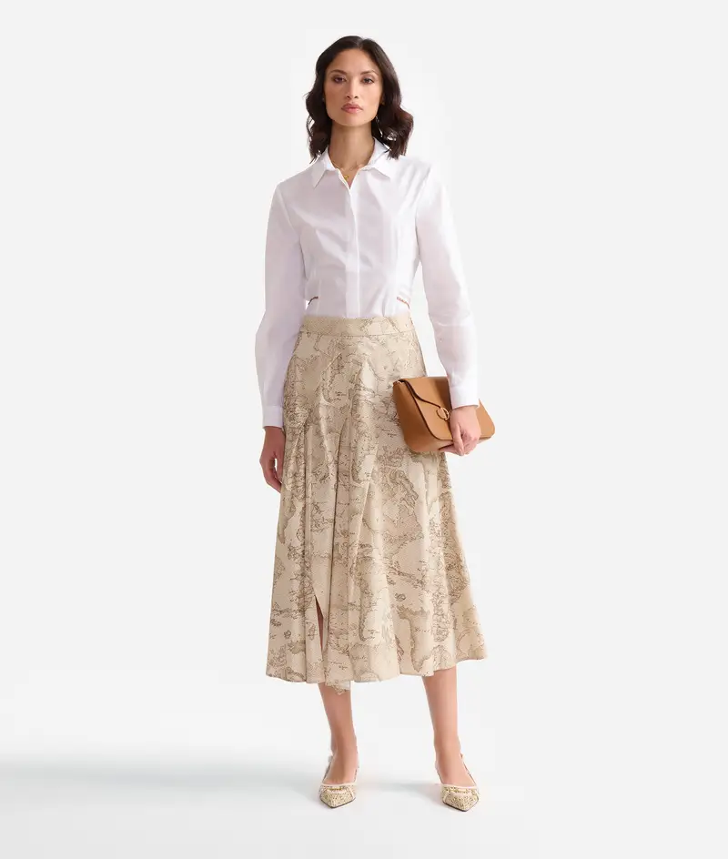 Gonna con pieghe in popeline di cotone stretch Geo Lino Beige