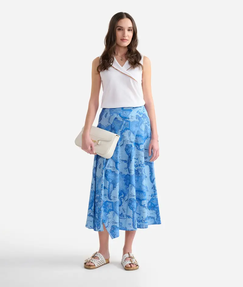 Gonna con pieghe in popeline di cotone stretch Geo Lino Blu Denim