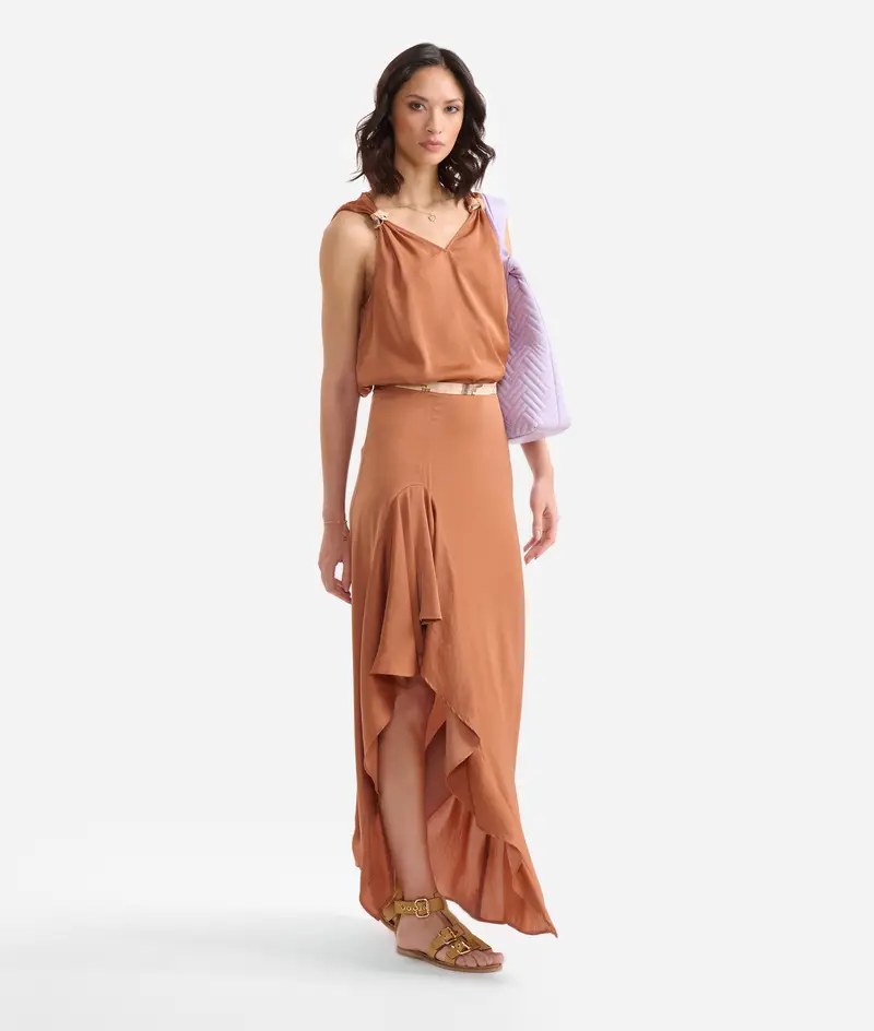 Gonna lunga con rouches in fluido Terra