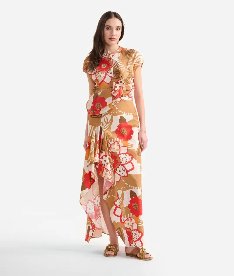 Gonna lunga in popeline di cotone BCI Geo Fiori Rossa