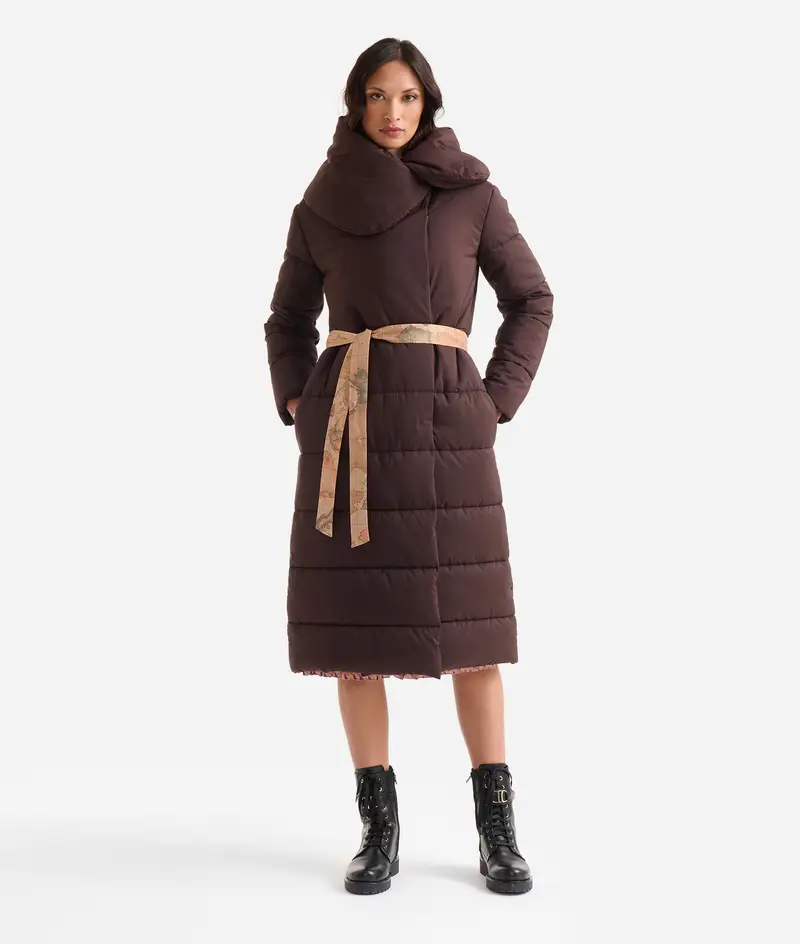 Imbottito lungo in nylon con collo ampio Cioccolato