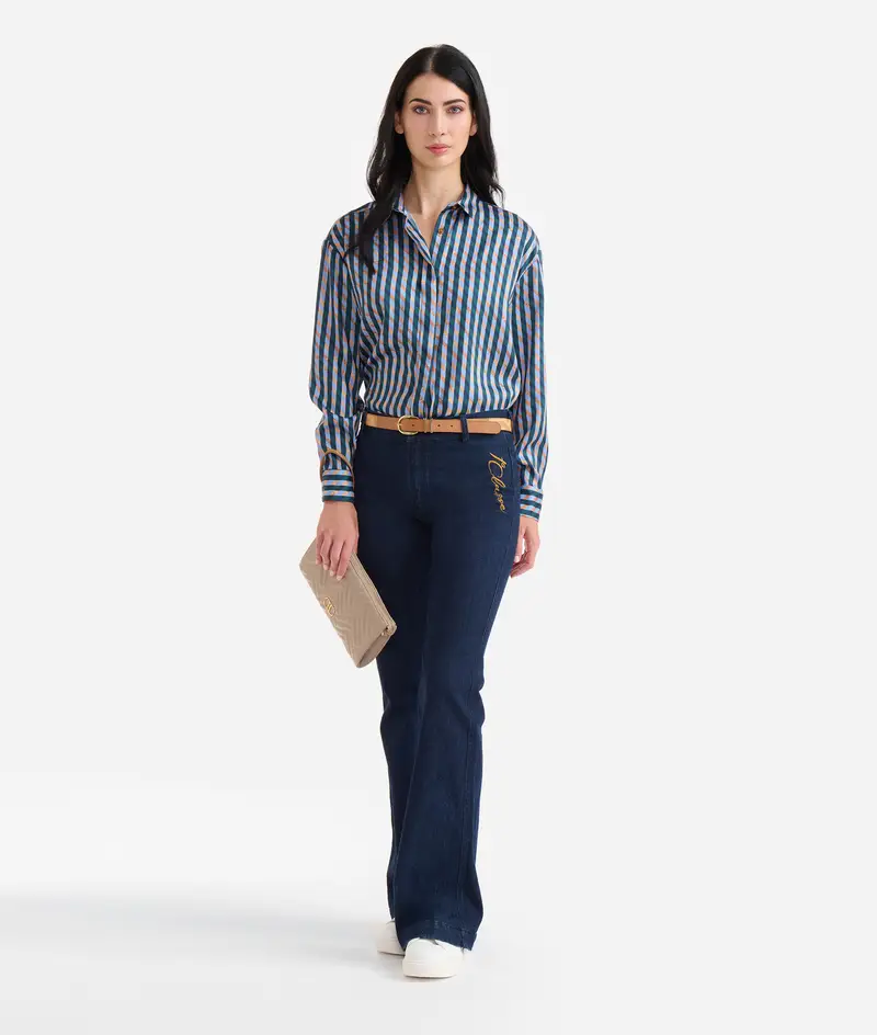 Jeans a zampa in denim stretch con logo ricamato Blu Scuro