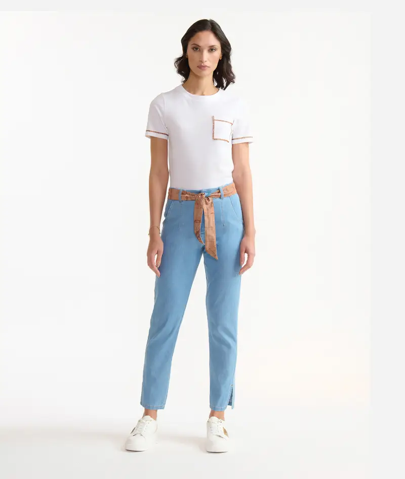 Jeans in denim leggero con vita a caramella Blu Bleach