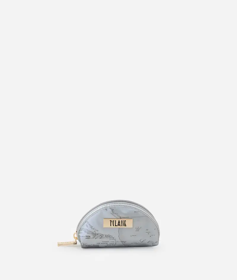 Nécessaire a mezzaluna in tessuto gommato Geo Argento