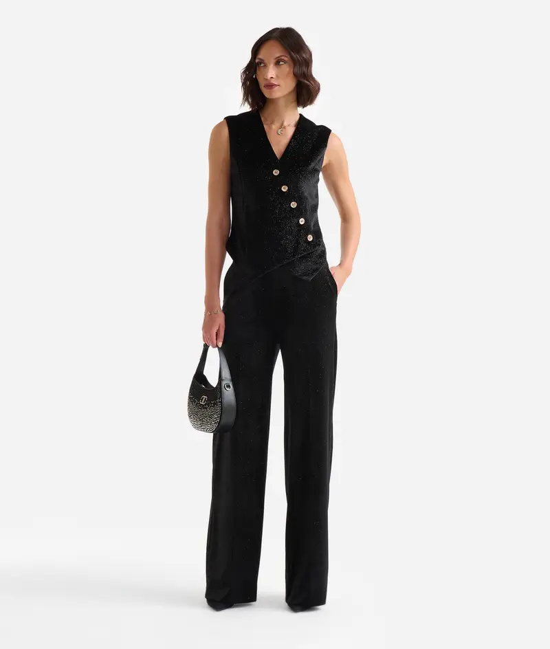 Pantaloni a vita alta in tessuto micro strass Neri