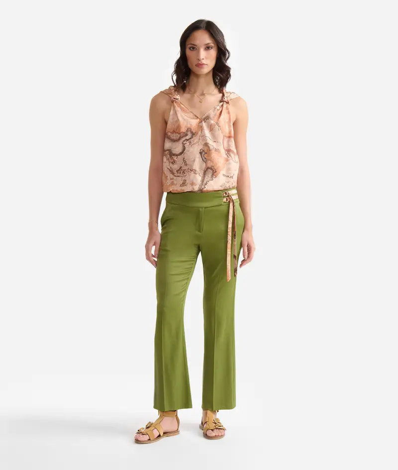 Pantaloni con laccetti in rasetto stretch di viscosa Verdi