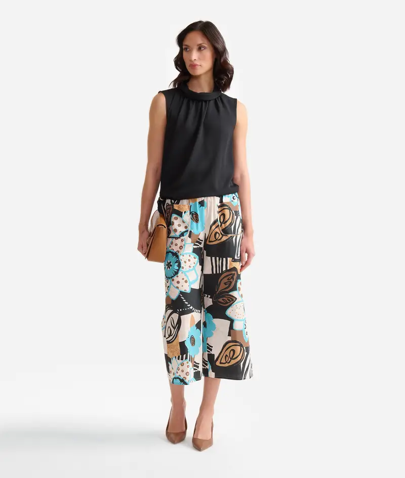 Pantaloni cropped in popeline di cotone BCI Geo Fiori Turchese