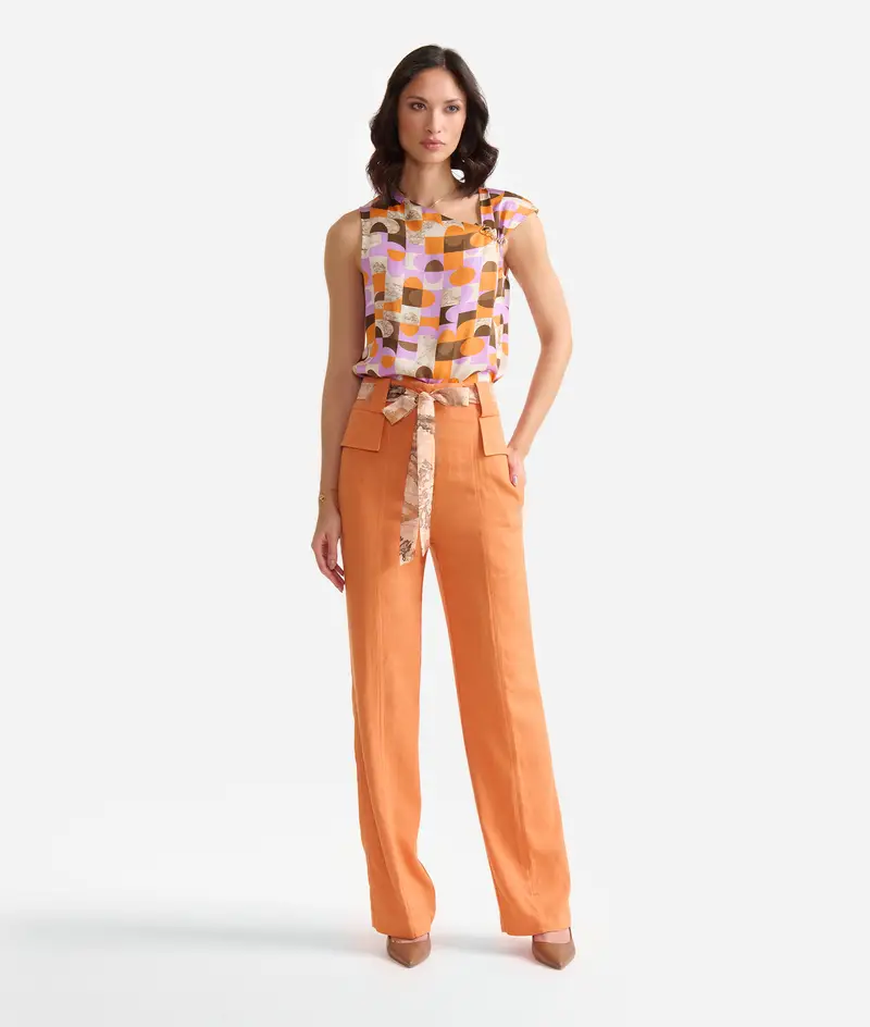 Pantaloni in lino e viscosa con cintura Arancio Terra
