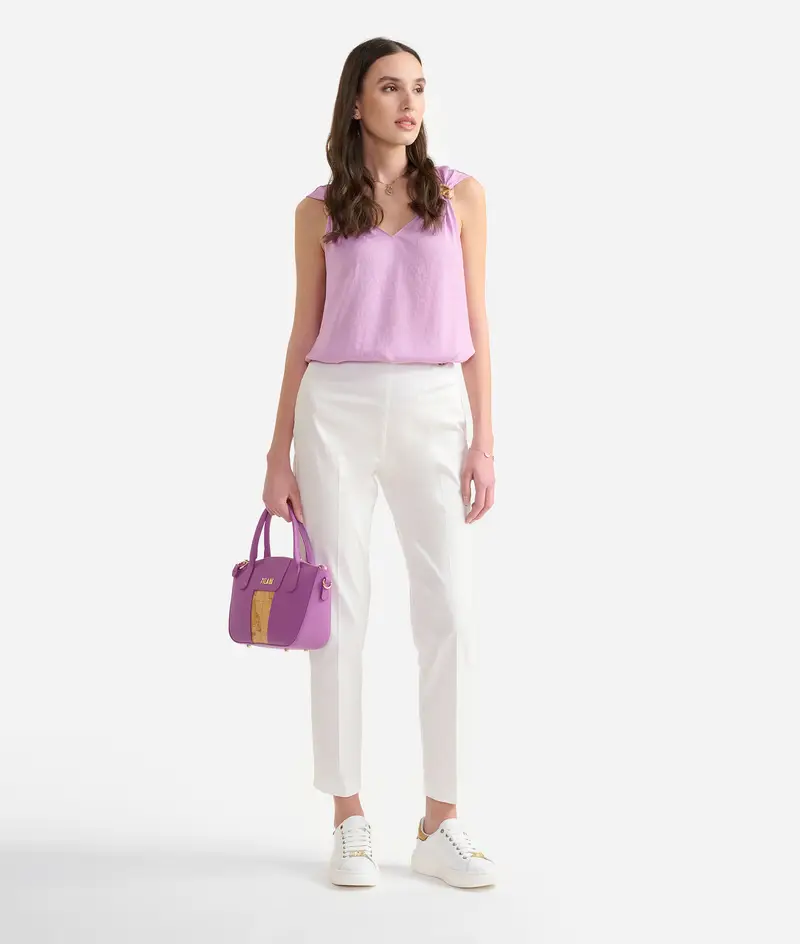 Pantaloni regular in gabardina di cotone stretch Gesso