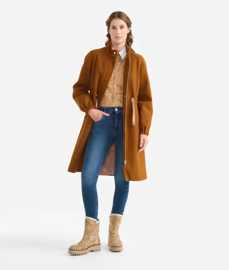 Parka lungo in panno tecnico ammagliato Nocciola