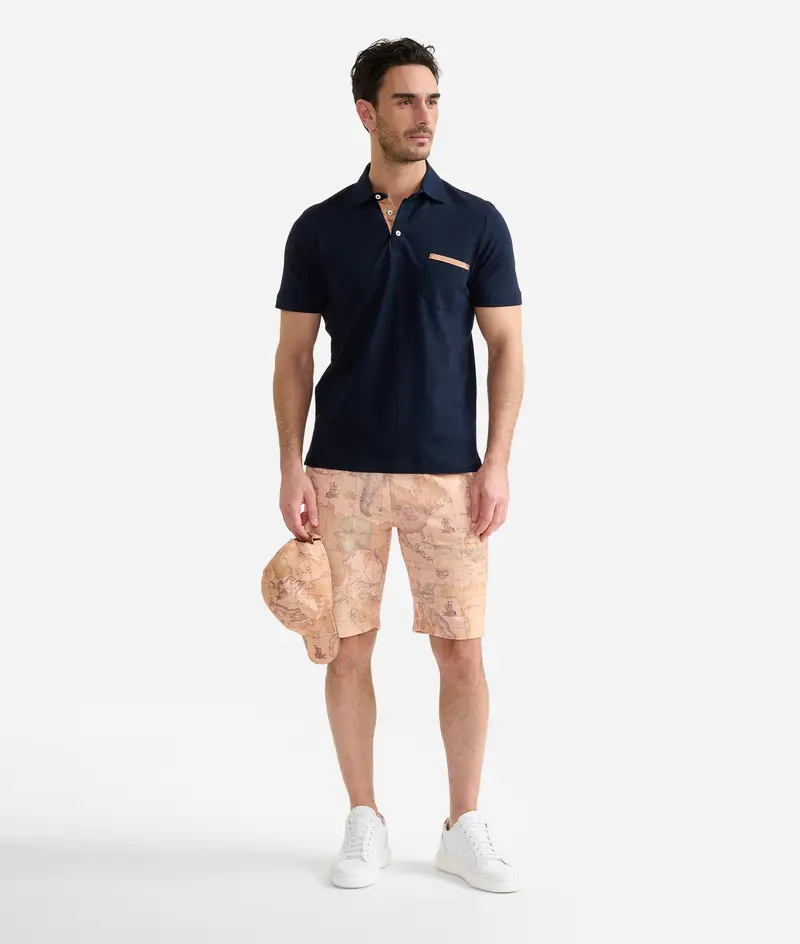 Polo in jersey di cotone piquet con taschino Blu Navy