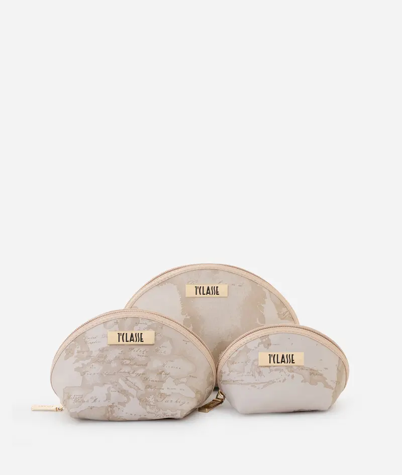 Set di tre bustine in tessuto gommato Geo Beige