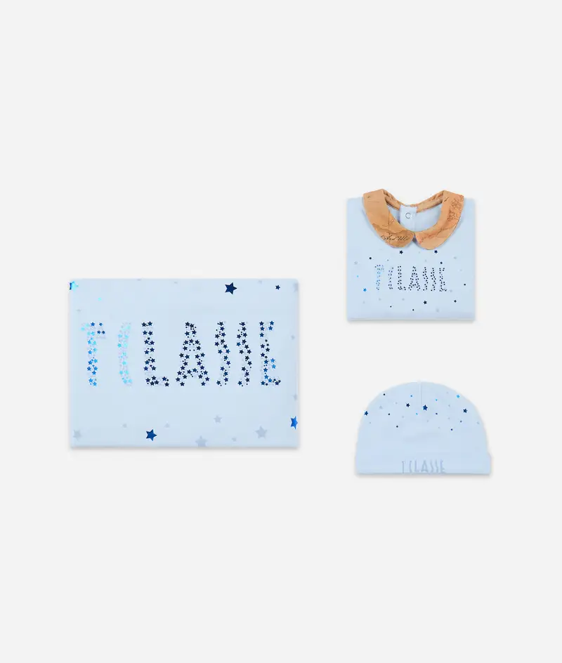 Set di tutina, cappellino e copertina con stelline Azzurro Cielo