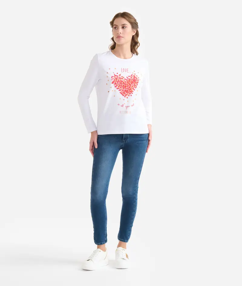 T-shirt in jersey di cotone stretch con cuore Bianca