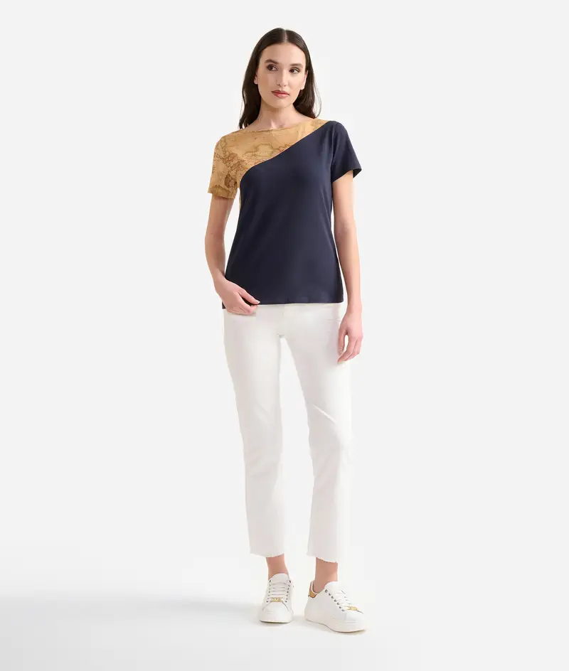 T-shirt in jersey di cotone stretch con inserto Geo Classic Blu Notte