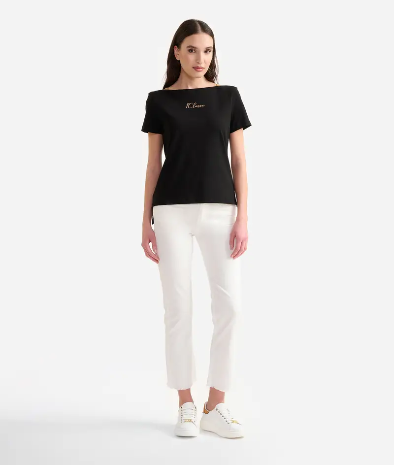 T-shirt in jersey di cotone stretch con spalline Geo Classic Nera