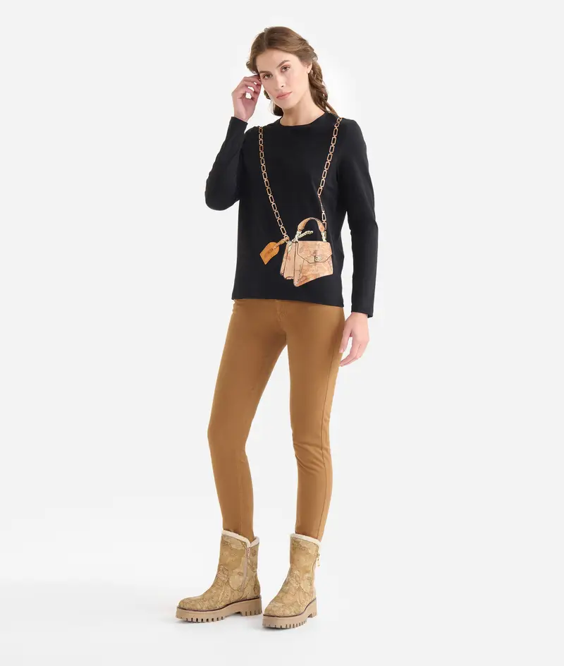 T-shirt in jersey di cotone stretch con stampa tracolla Nera