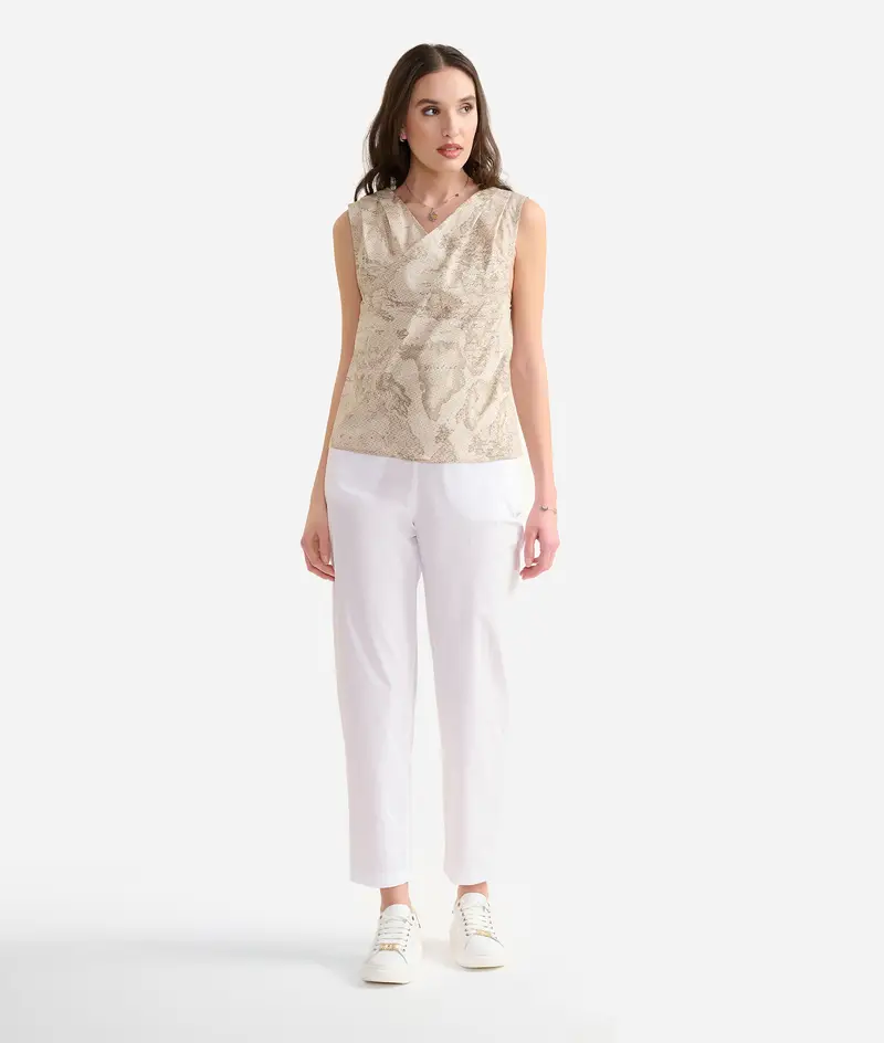 Top con incrocio in popeline di cotone stretch Geo Lino Beige
