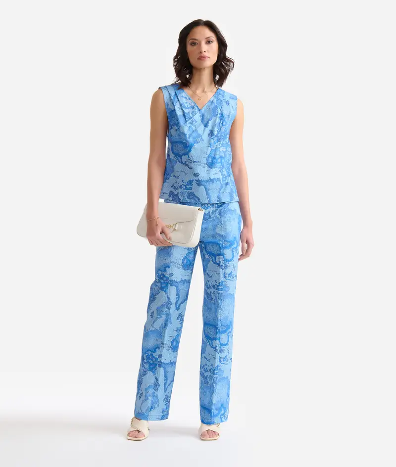 Top con incrocio in popeline di cotone stretch Geo Lino Blu Denim