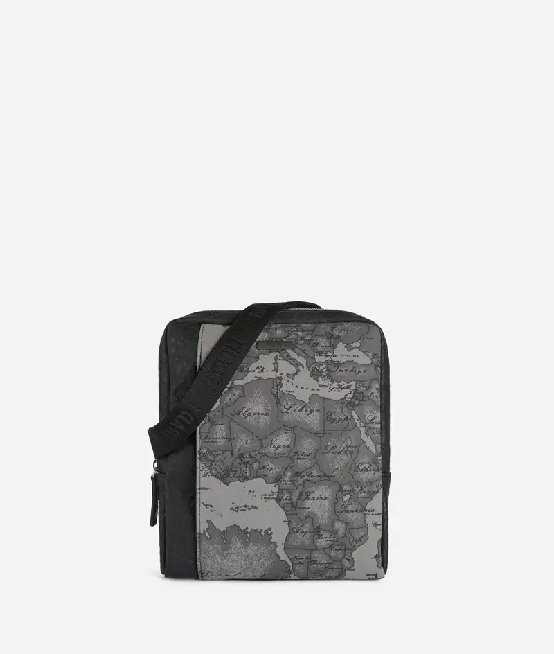 Tracolla reporter grande in tessuto nabuk Geo Antracite Nera