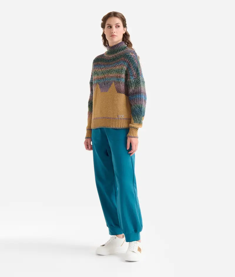 Tricot in filato misto lana vanisé con mix punti Blu e Cammello