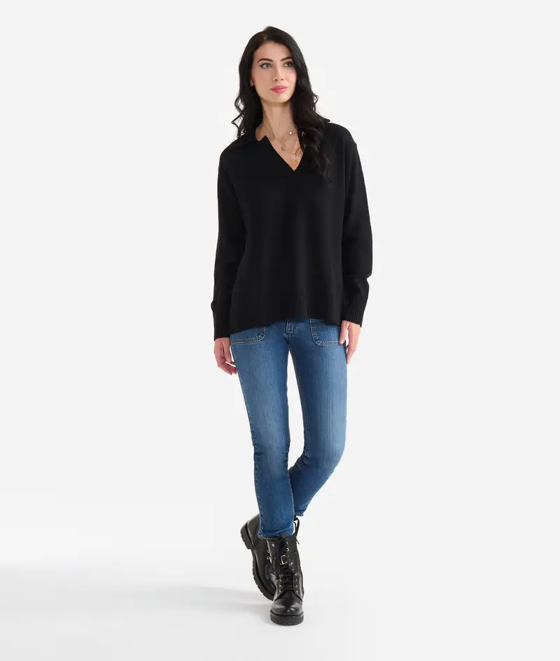 Tricot scollo polo in filato misto lana con toppe Geo Classic Nero
