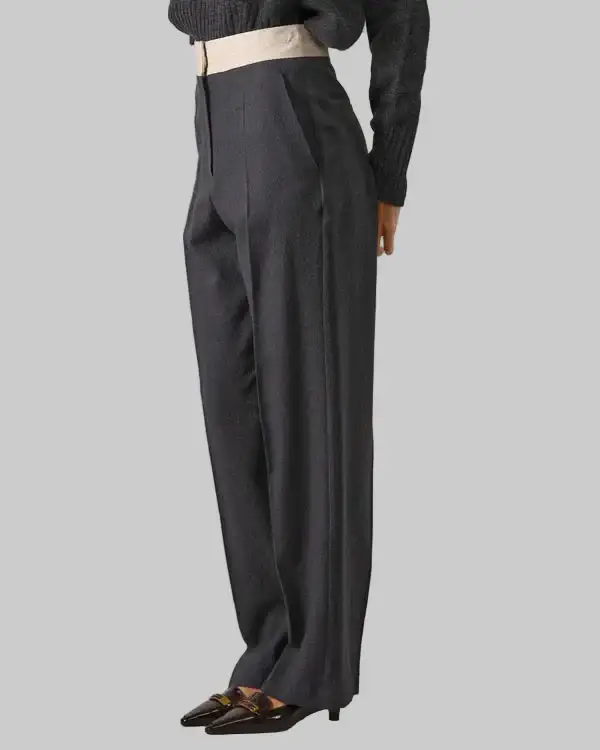 Pantalone grigio soft wool con fascia a contrasto miniatura 2