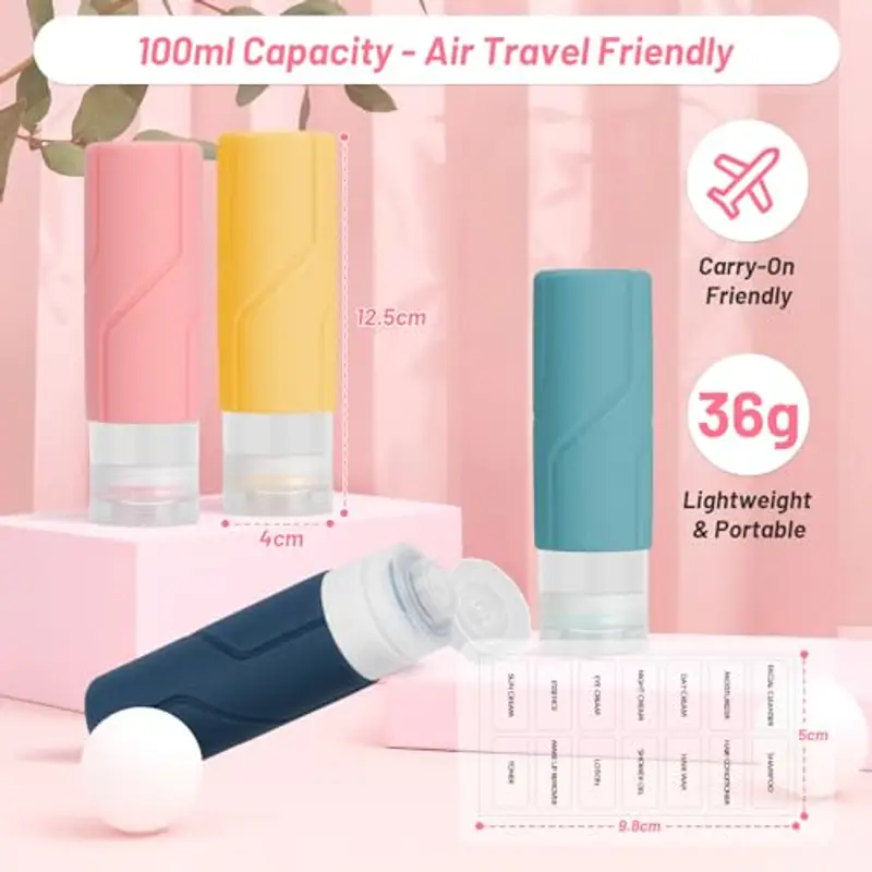 Alyvisun 4 Pezzi Flaconi da Viaggio in Silicone, [Ricaricabili & Anti-Perdita] Contenitori Viaggio Liquidi, Boccette da Viaggio 100ml per Shampoo, Lozione, Cosmetici miniatura 2