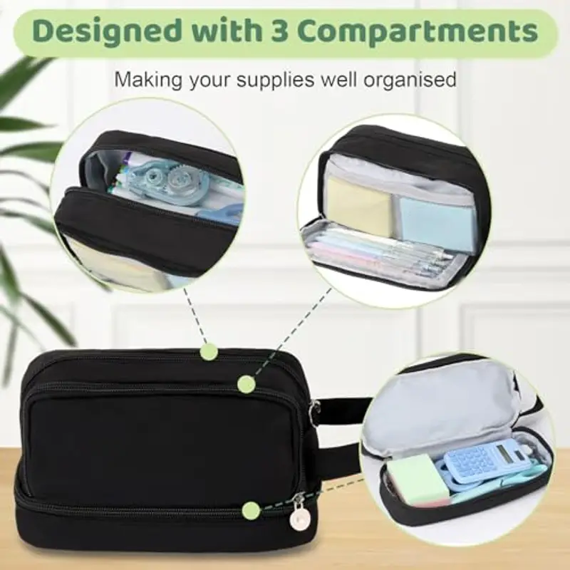 Alyvisun Astuccio Scuola, Astuccio di Grande Capacità con 3 Scomparti per Bambina Ragazzo, Astuccio Portapenne Organizer Resistente Pencil Case con Maniglia per Scuola e Ufficio miniatura 3