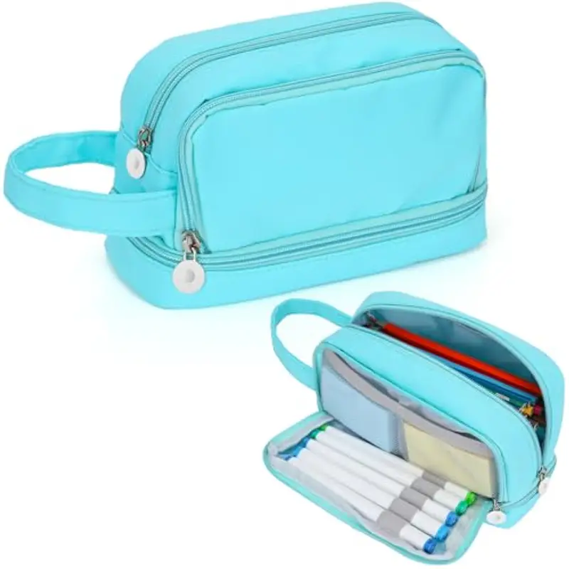Alyvisun Astuccio Scuola, Astuccio di Grande Capacità con 3 Scomparti per Bambina Ragazzo, Astuccio Portapenne Organizer Resistente Pencil Case con Maniglia per Scuola e Ufficio (Blu)