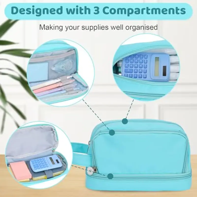 Alyvisun Astuccio Scuola, Astuccio di Grande Capacità con 3 Scomparti per Bambina Ragazzo, Astuccio Portapenne Organizer Resistente Pencil Case con Maniglia per Scuola e Ufficio (Blu) miniatura 3