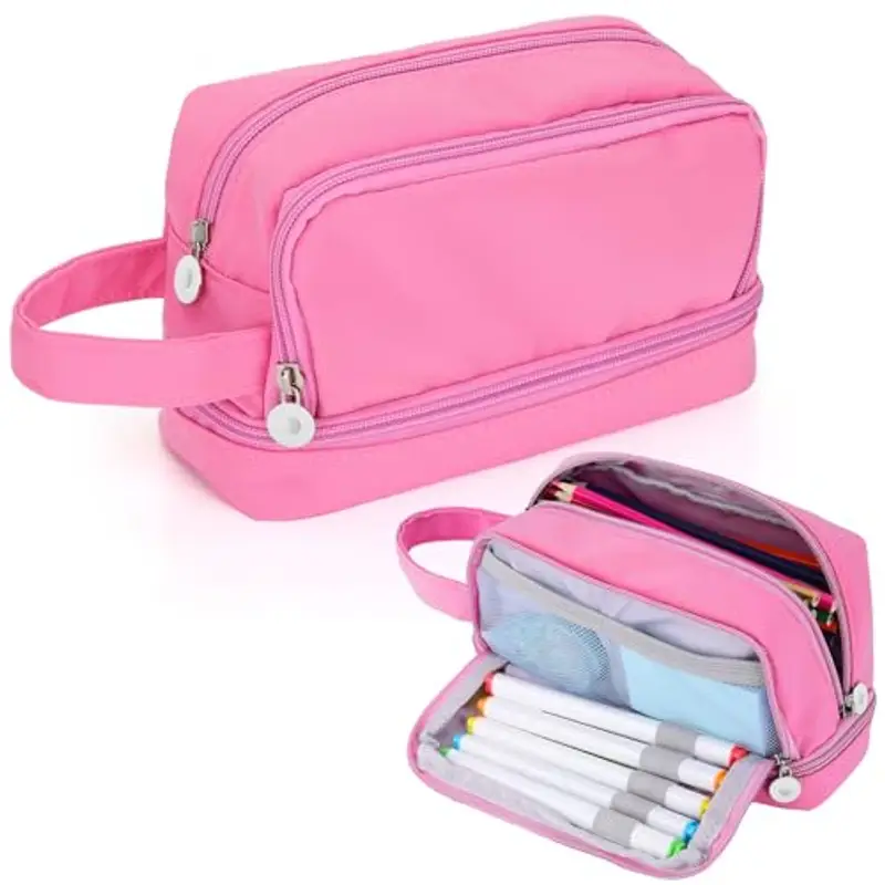 Alyvisun Astuccio Scuola, Astuccio di Grande Capacità con 3 Scomparti per Bambina Ragazzo, Astuccio Portapenne Organizer Resistente Pencil Case con Maniglia per Scuola e Ufficio (Rosa)