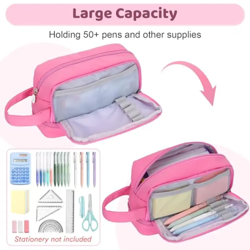 Alyvisun Astuccio Scuola, Astuccio di Grande Capacità con 3 Scomparti per Bambina Ragazzo, Astuccio Portapenne Organizer Resistente Pencil Case con Maniglia per Scuola e Ufficio (Rosa) miniatura 2