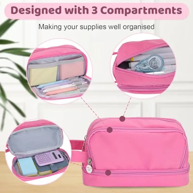 Alyvisun Astuccio Scuola, Astuccio di Grande Capacità con 3 Scomparti per Bambina Ragazzo, Astuccio Portapenne Organizer Resistente Pencil Case con Maniglia per Scuola e Ufficio (Rosa) miniatura 3