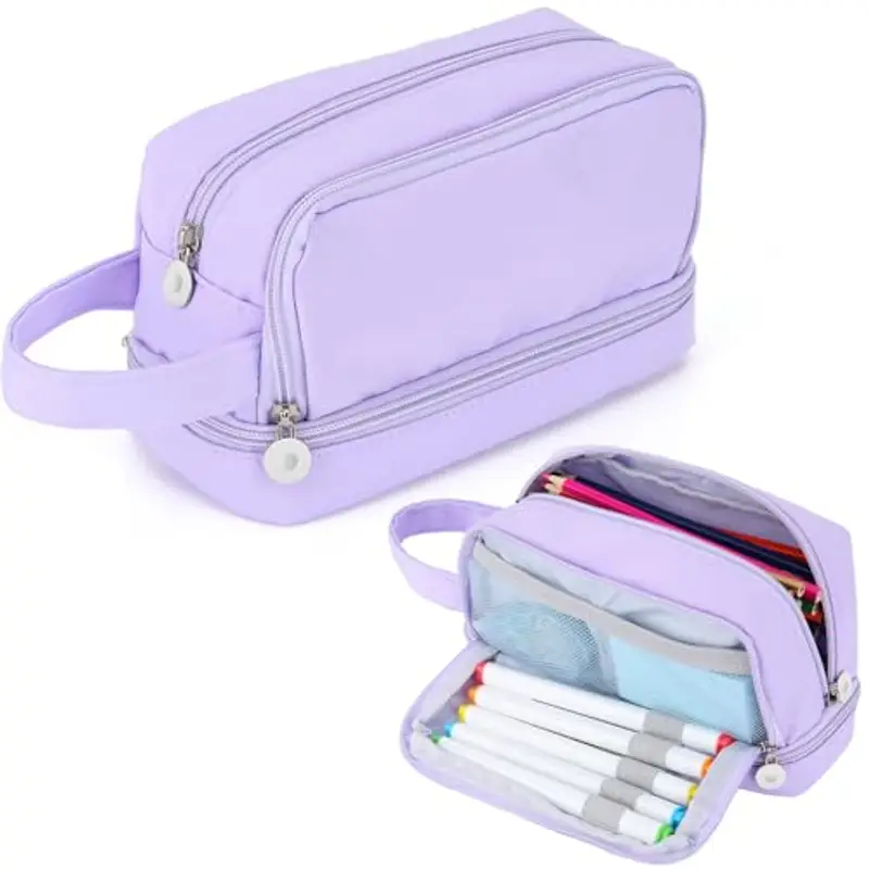 Alyvisun Astuccio Scuola, Astuccio di Grande Capacità con 3 Scomparti per Bambina Ragazzo, Astuccio Portapenne Organizer Resistente Pencil Case con Maniglia per Scuola e Ufficio (Viola)