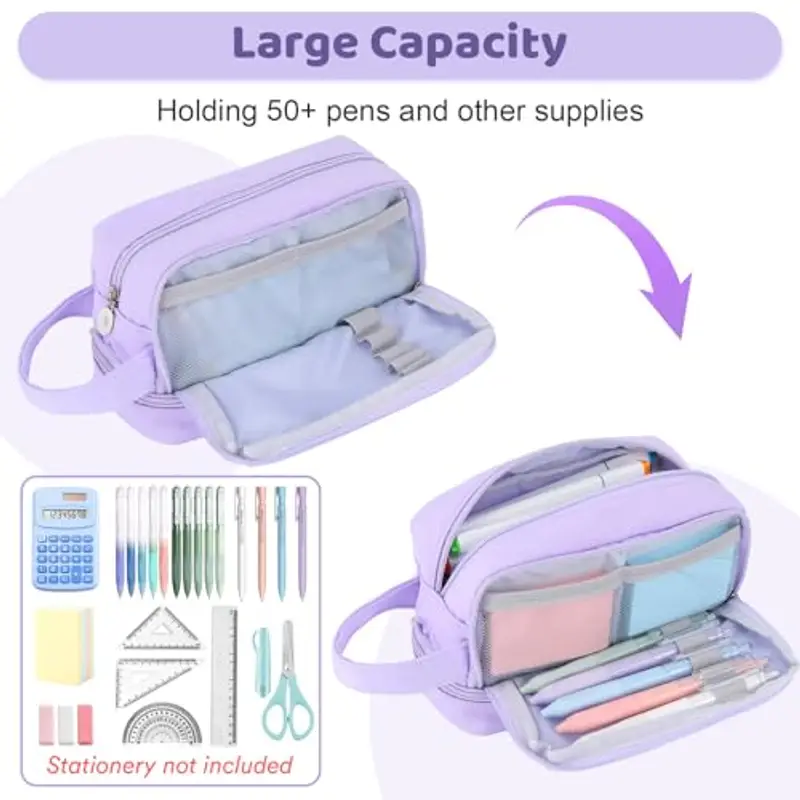 Alyvisun Astuccio Scuola, Astuccio di Grande Capacità con 3 Scomparti per Bambina Ragazzo, Astuccio Portapenne Organizer Resistente Pencil Case con Maniglia per Scuola e Ufficio (Viola) miniatura 2