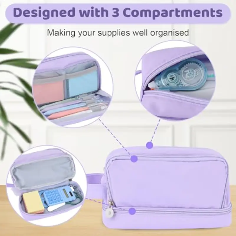 Alyvisun Astuccio Scuola, Astuccio di Grande Capacità con 3 Scomparti per Bambina Ragazzo, Astuccio Portapenne Organizer Resistente Pencil Case con Maniglia per Scuola e Ufficio (Viola) miniatura 3
