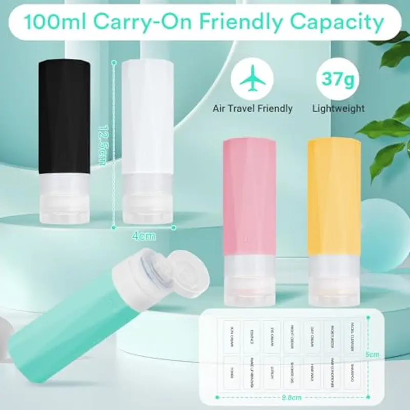 Alyvisun Flaconi da Viaggio 100ml, 5 Pezzi Bottiglie da Viaggio Ricaricabili in Silicone, con Borsa Portaoggetti, Anti-Perdita Contenitori da Viaggio per Liquidi, Shampoo, Lozione miniatura 2