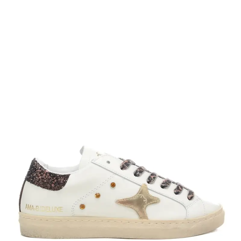 sneakers da donna con lacci in tessuto animalier bianco marrone