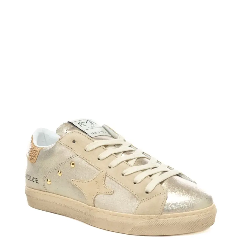 sneakers da donna con tomaia in pelle laminata con inserto a contrasto colore sul retro platino miniatura 2