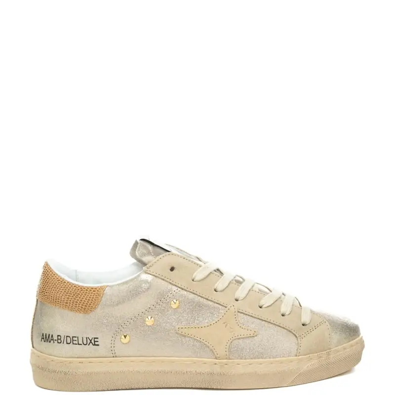 sneakers da donna con tomaia in pelle laminata con inserto a contrasto colore sul retro platino