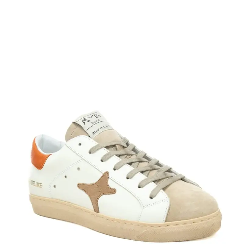 sneakers da uomo in pelle con inserti a contrasto colore bianco beige miniatura 2