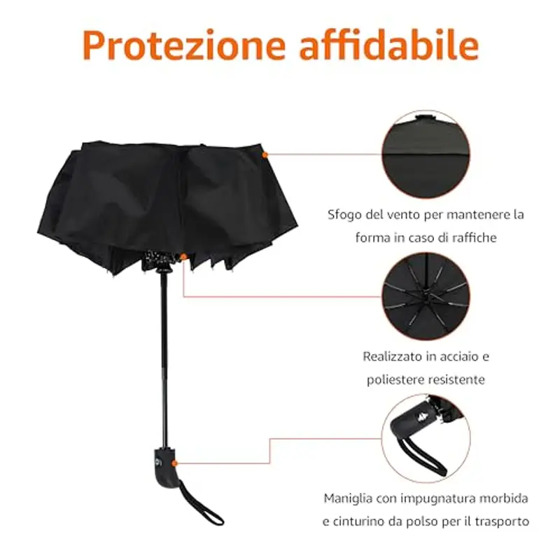 Amazon Basics Ombrello compatto da viaggio, automatico, antivento, robusto, con presa d’aria, Ottagonale, Nero, misura unica miniatura 2