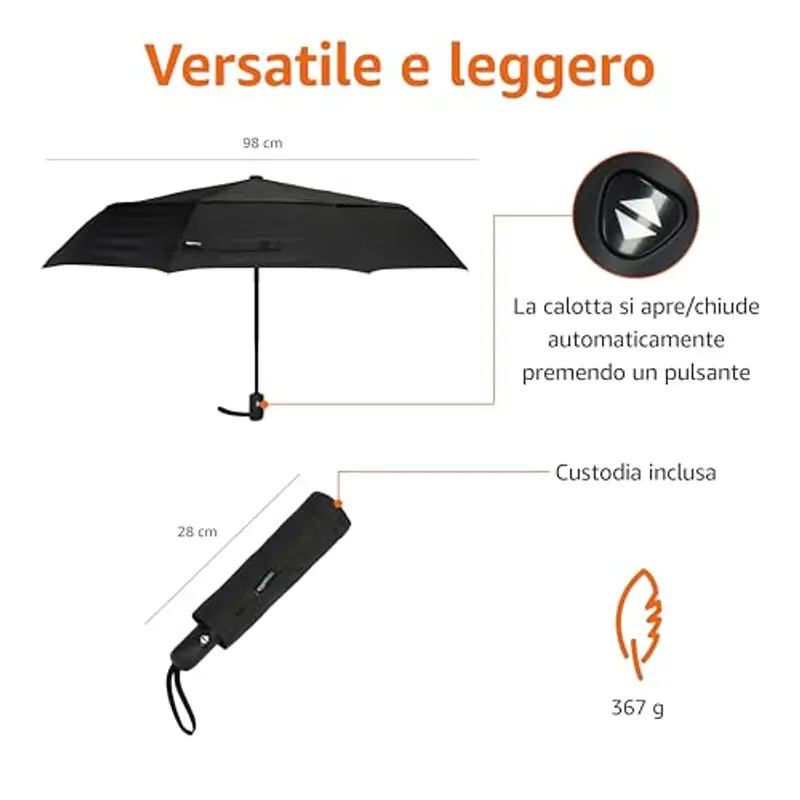Amazon Basics Ombrello compatto da viaggio, automatico, antivento, robusto, con presa d’aria, Ottagonale, Nero, misura unica miniatura 3