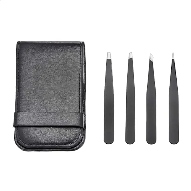 Amazon Basics Pinzette a punta obliqua,professionali,in acciaio inox,per efficace rimozione di peli,ideali per routine di bellezza quotidiana,con custodia da viaggio, colore: nero, Confezione da 1